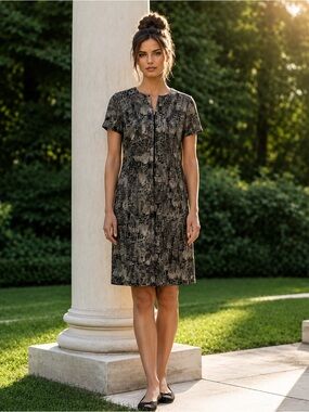 Matrushka Construction Abstract Print Zip Front Knee Length Artsy Chic Dress 2X